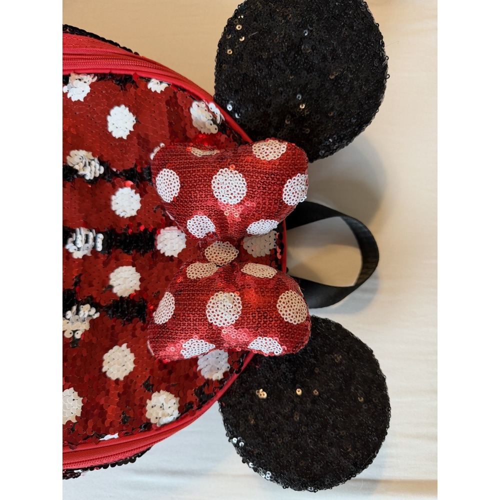Disney Parks Minnie Mouse Polka Dot Red Sequin Backpack Bag Bow And Ears EUC - Picture 3 of 8